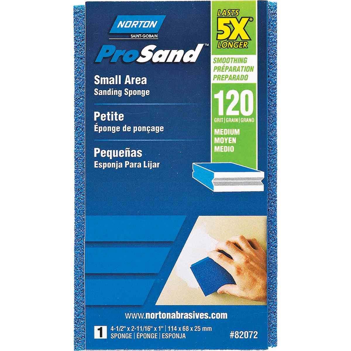 Norton ProSand 82072 Sanding Sponge, 4-1/2 in L, 2-11/16 in W, 120 Grit, Fine, Aluminum Oxide Abrasive