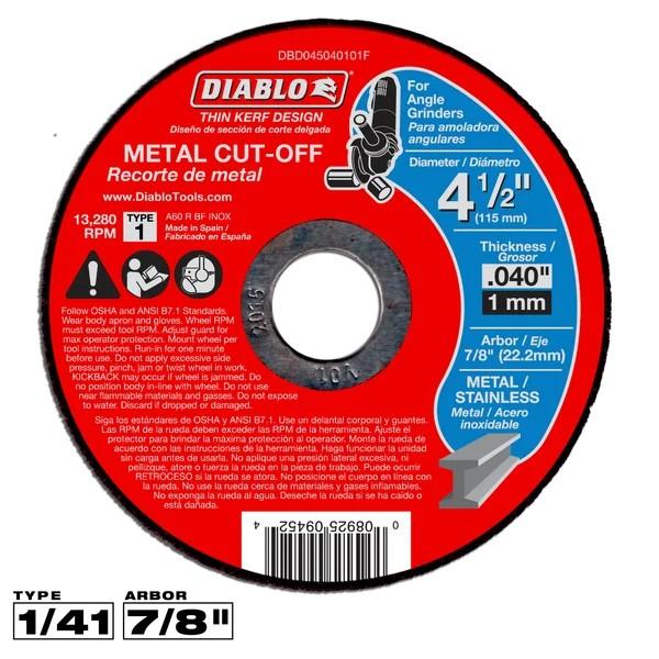 4-1/2 in Dia. x 0.040 in Thick Metal Cut-Off Disc 7/8 in Arbor Type 1