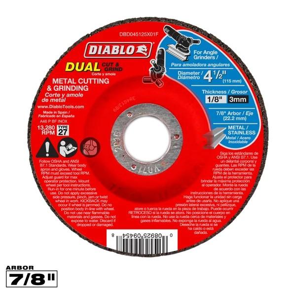 4-1/2 in Dia. x 1/8 in Thick Metal Dual Cut & Grind Disc 7/8 in Arbor Type 27