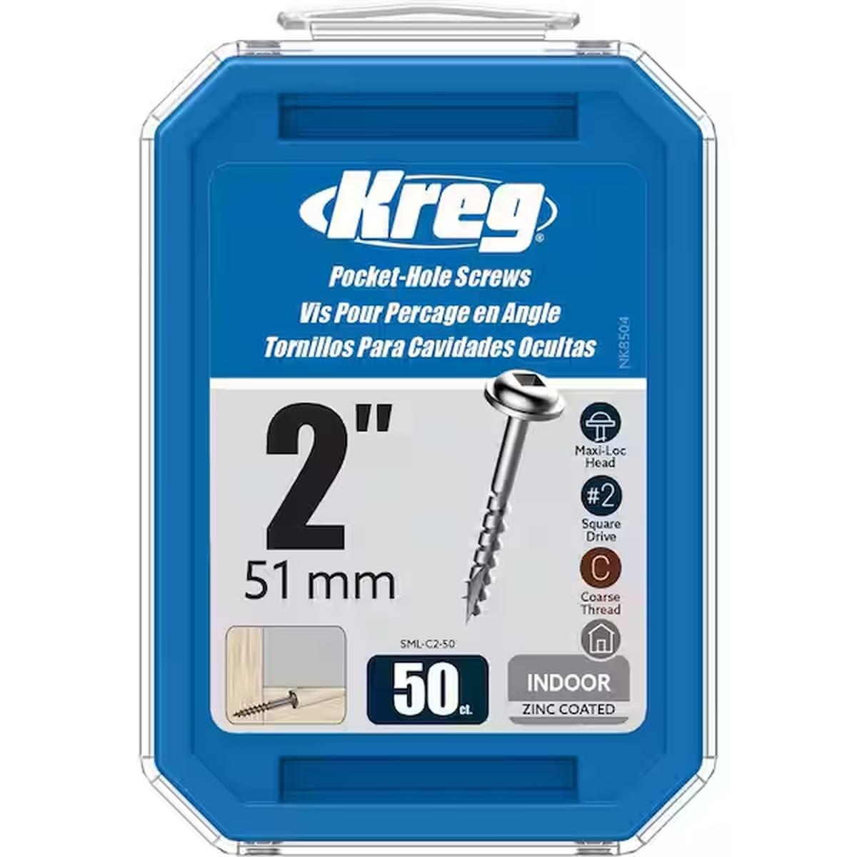 Kreg SML-C2 - 50 Pocket-Hole Screw, #8 Thread, 2 in L, Coarse Thread, Square Drive, Carbon Steel, Zinc, 50/PK box Alt #2