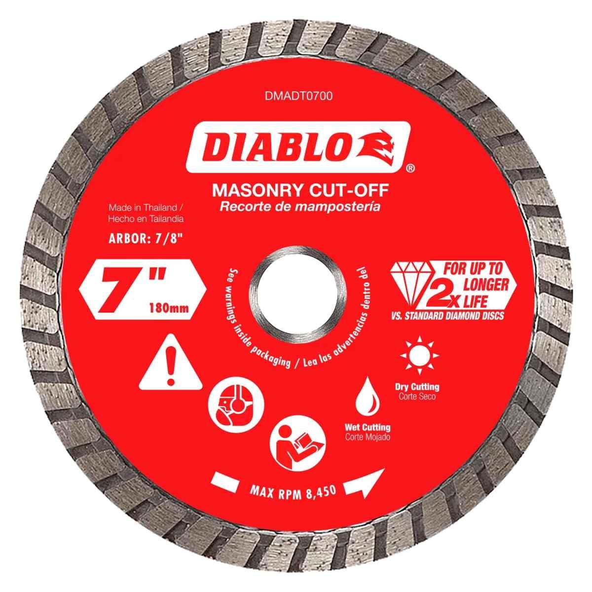 Diablo DMADT0700 Cut-Off Disc, 7 in Dia, 7/8, 5/8 in Arbor, Diamond Cutting Edge, Turbo Rim