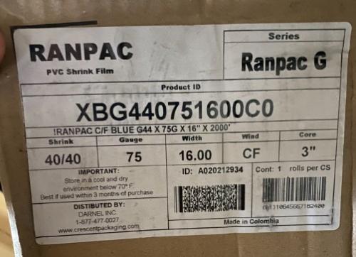 PVC Shrink Film,16"x2000',75 Gauge,3" Core, CF Wind