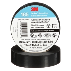 165BK4A Tape, 20 yd L 0.75 in W, 0.6 in THK, Vinyl, Rubber Adhesive, PVC Backing, Black