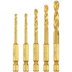 Drill Set, 1/8 in Min Drill Bit, 1/4 in Max Drill Bit, 135 deg Drill Point Angle, 5 Pieces