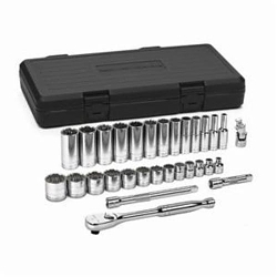 Socket Set, ASME B107.1/B107.10, 12 Points, 3/8 in Drive, 30 Pieces