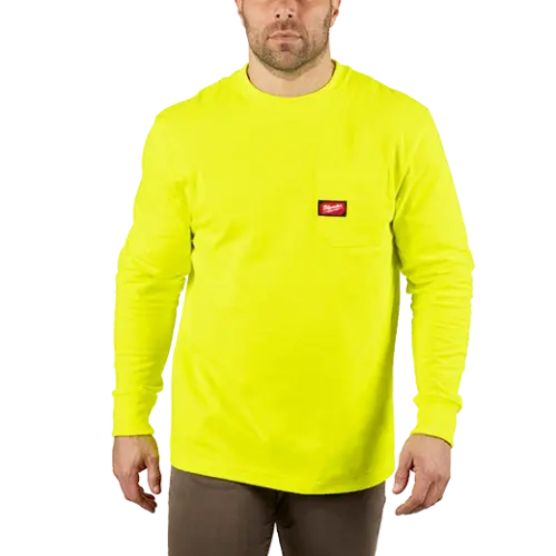 Long Sleeve Round Neck Pocket T-Shirt, Men's, 2XL, Hi-Viz Yellow