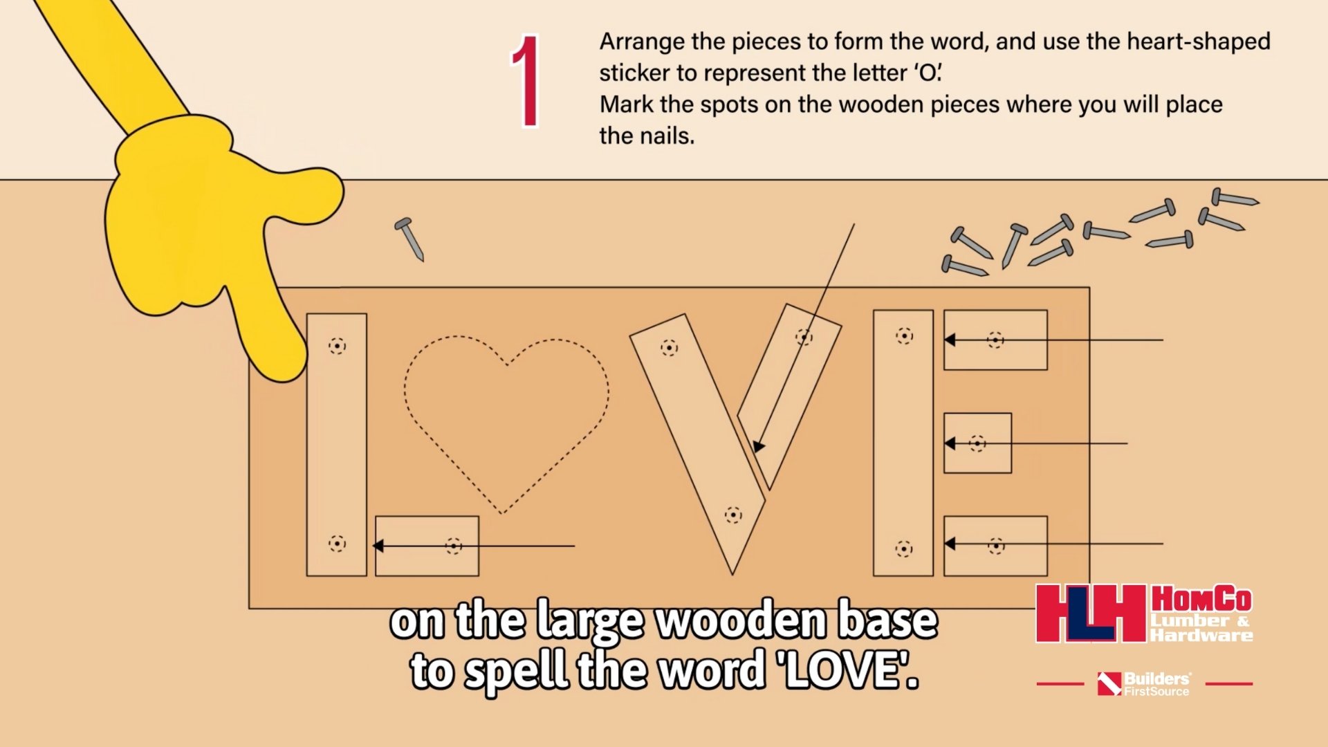 Young Builders wooden LOVE sign step 1 arranging wooden letter pieces on the base