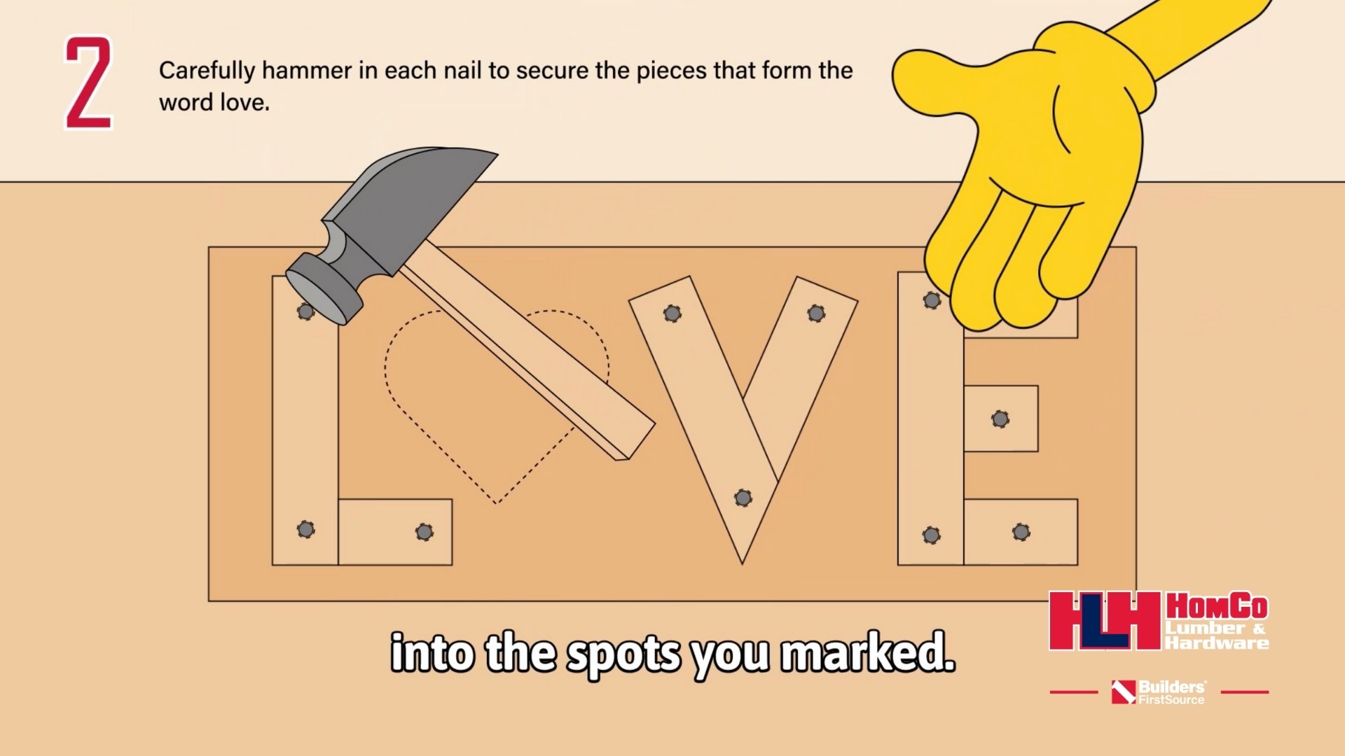 Young Builders wooden LOVE sign step 2 hammering nails with adult supervision