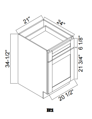B21 BASE 21"Wx24"Dx34-1/2"H-1 Door-1 Drawer-1 Shelf OAK SHAKER