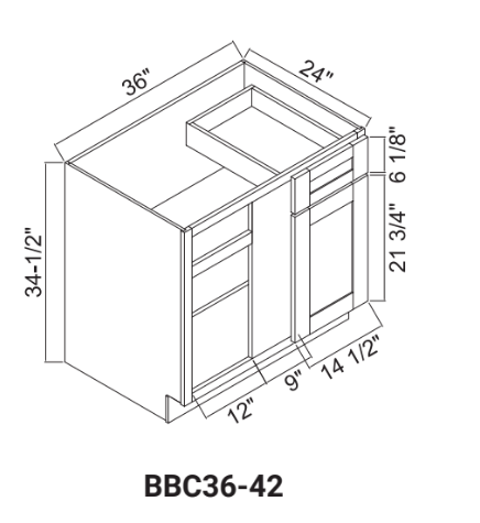 BBC36-42 BASE BLIND CORNER 36"Wx24"Dx34-1/2"H- 1 Door-1 Drawer opening LR OAK SHAKER