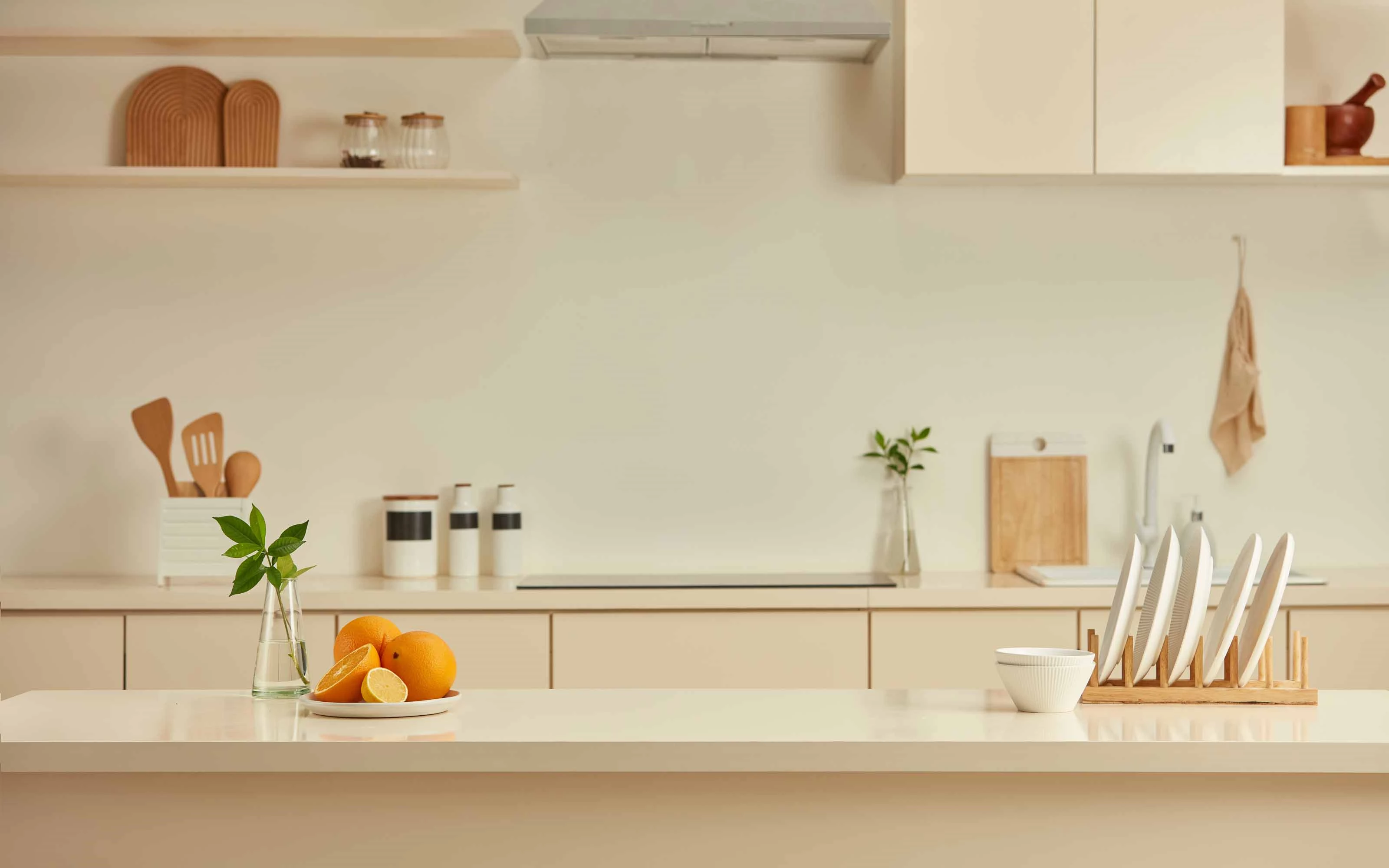 Minimalist kitchen with fruit, dishes, and green plants on a clean countertop