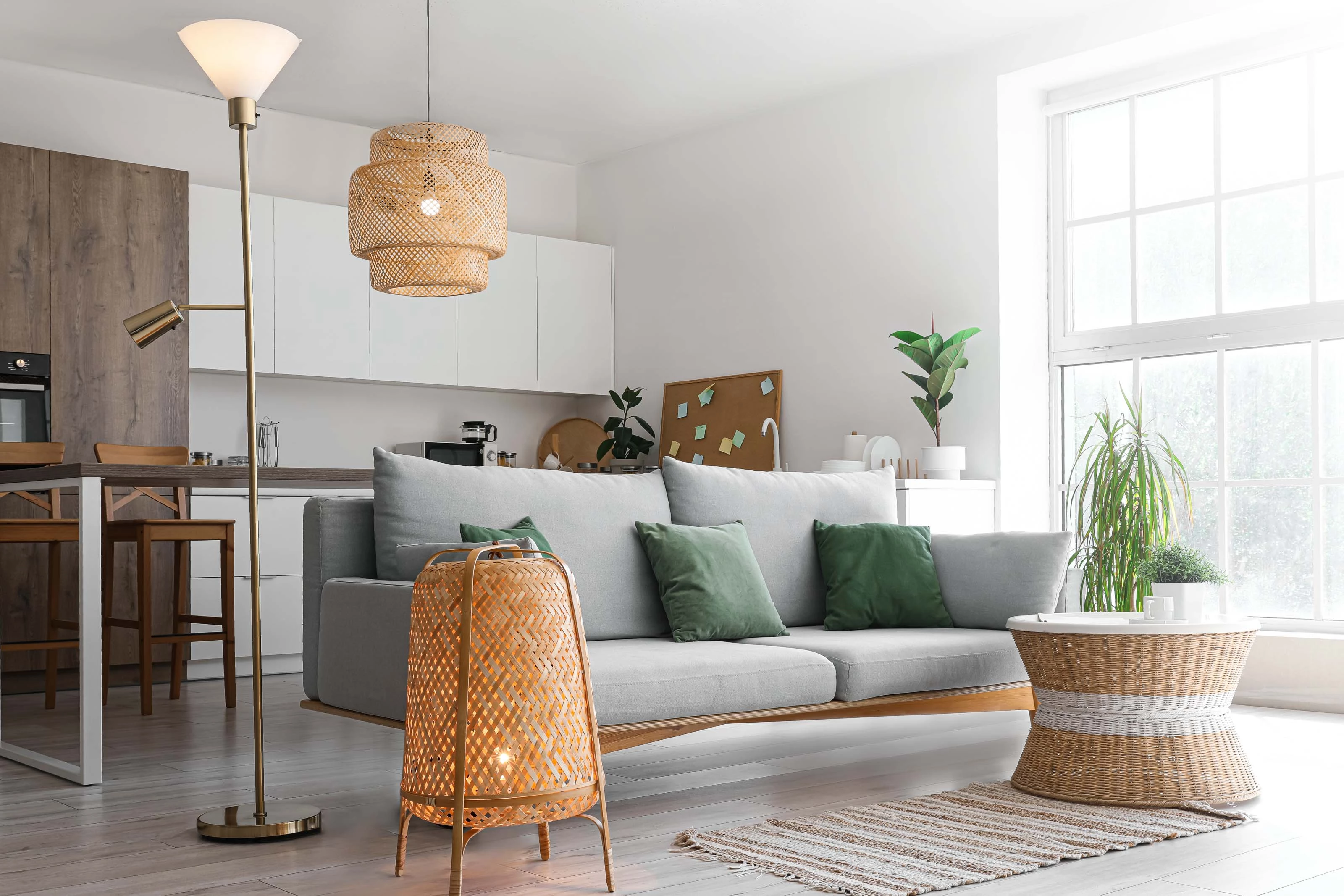 Cozy living room with modern decor and natural light