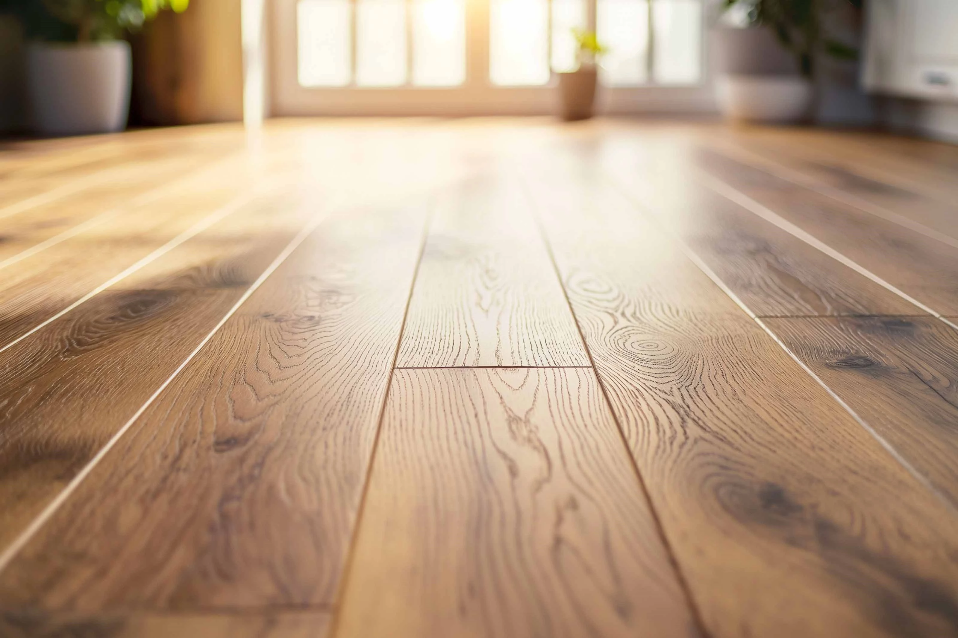 Sunlit Wooden Floor Close-Up A close up view of a sunlit wooden floor with visible grain patterns, leading towards a bright window in the background. Potted plants are partially visible near the window.