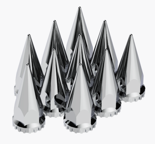 33MM X 4-3/4" CHROME SUPER SPIKE NUT COVERS - THREAD-ON (BOX OF 10)