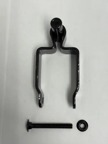 Black 2" x 5/8 Post Hinge Blk (Male) shown with accompanying bolt and washer for installation.
