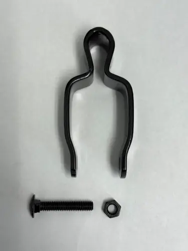 Black gate hinge with bolt and nut, showing the frame and hardware components.