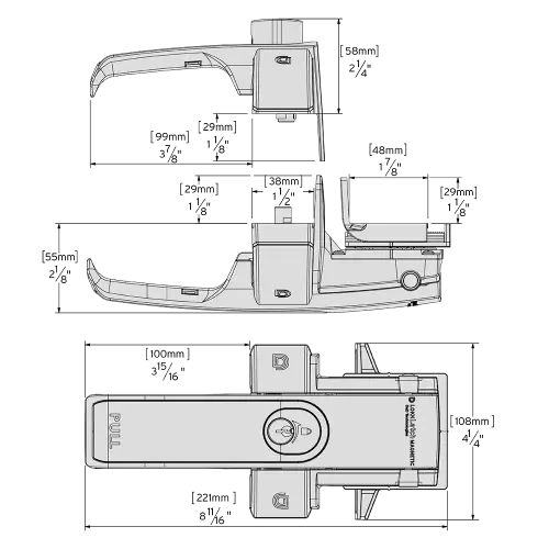 CAD schematic of LokkLatch Magnetic gate latch showing front and side views with measurements