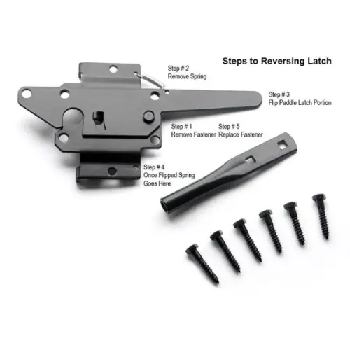 Step-by-step guide for reversing the Gate Post Latch with labeled parts and screws.