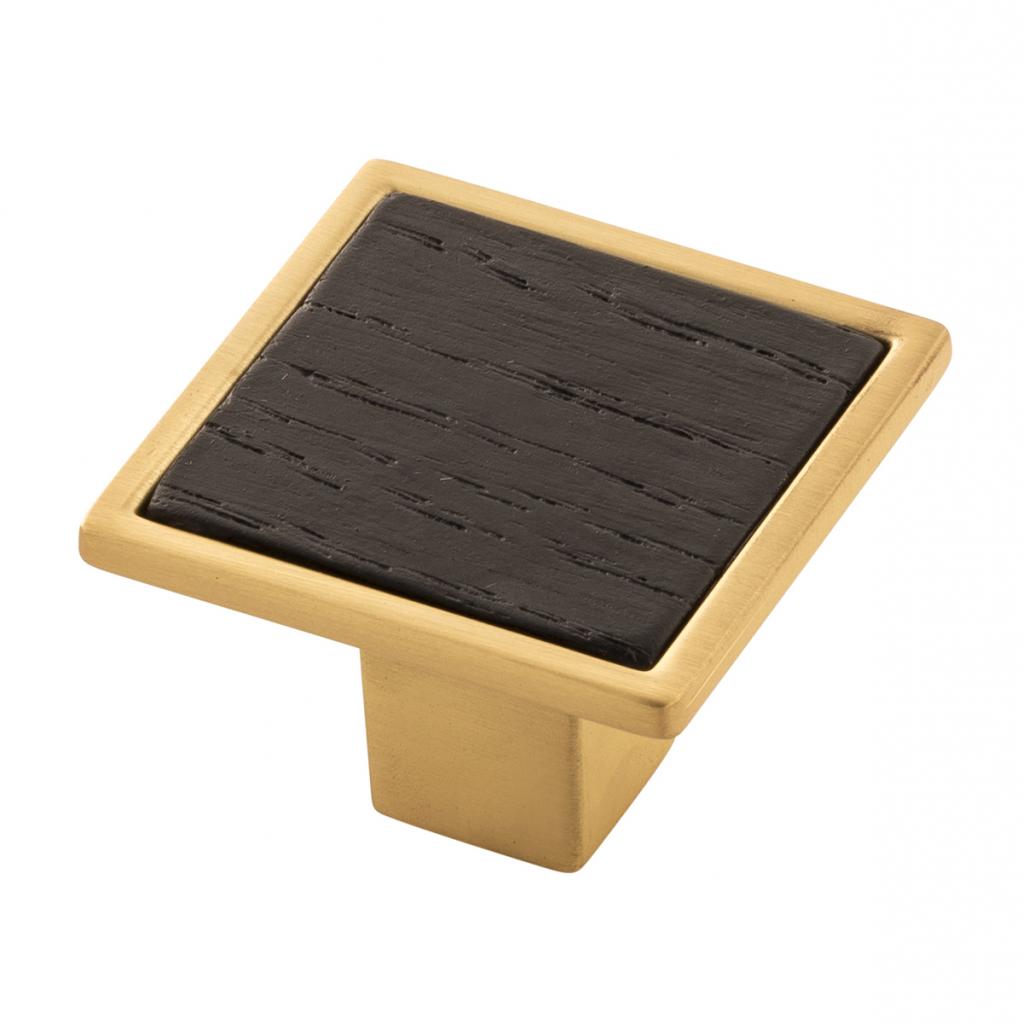 Knob 1-7/16" Sq. Fuse Brushed Golden Brass With Black Wood
