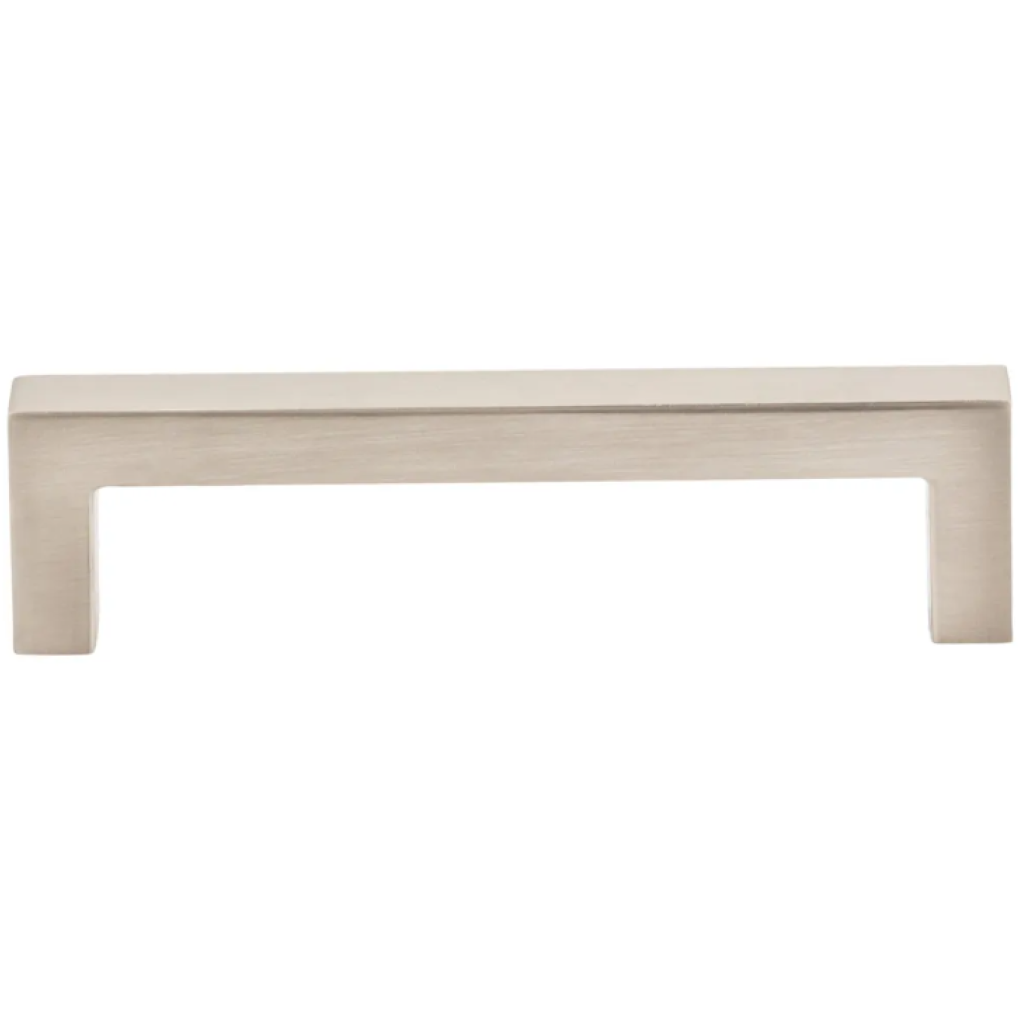 STANTON 5-3/8" Overall Length Square Cabinet Bar Pull. Holes are 128 mm center-to-center. Packaged with two 8-32 x 1" and two Break-away screws. Finis