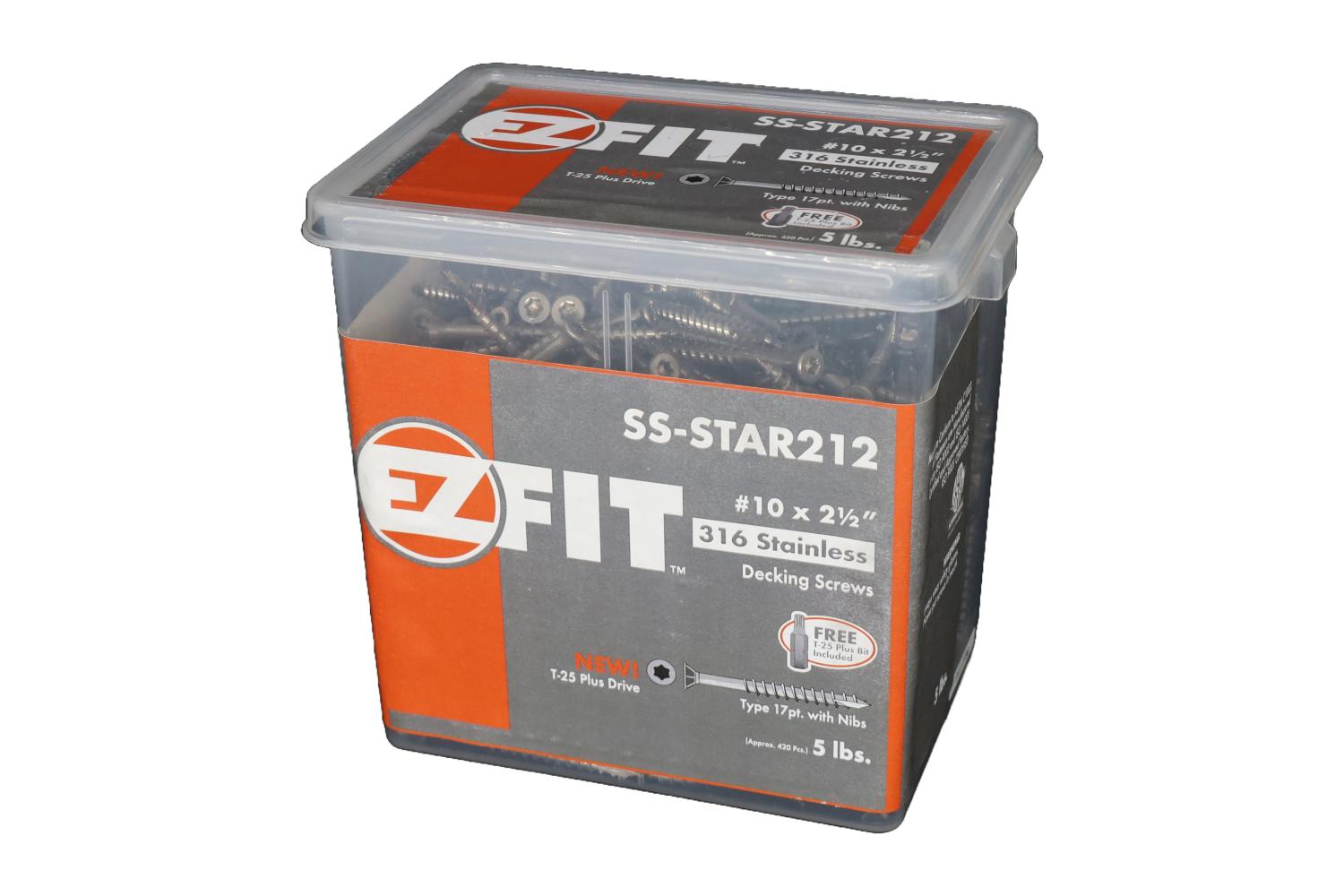 EZ FIT 316SS-STAR212-5LB #10X2-1/2 316 STAINLESS STEEL DECK SCREW T17 W/NIBS 12PT STAR DR