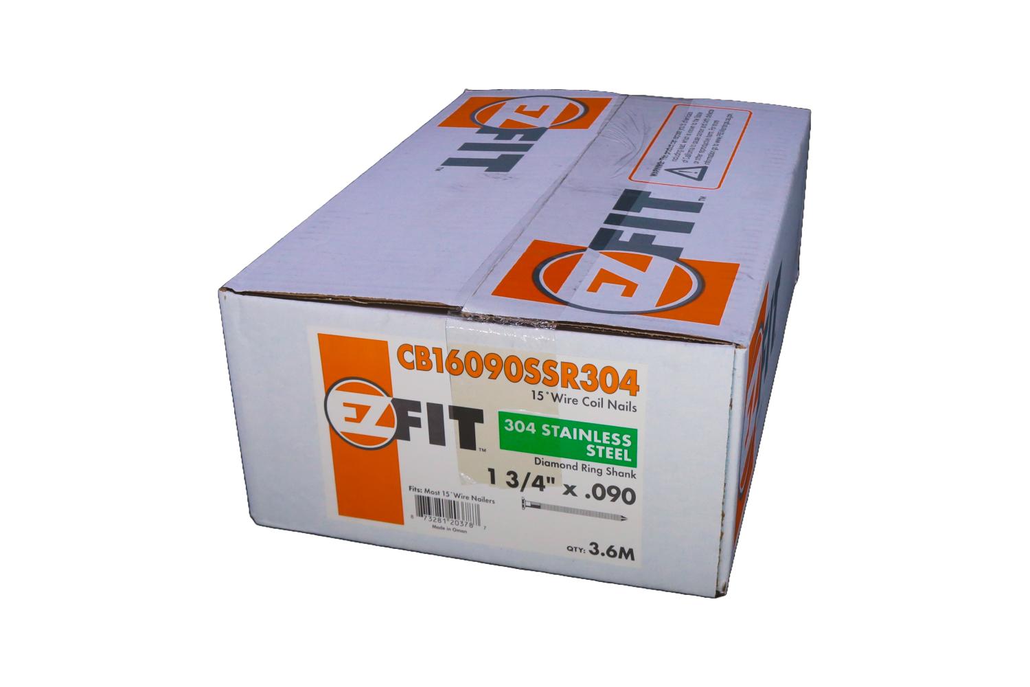 EZ FIT CB16090SSR304 1-3/4X090 3.6M 15DG WW COIL NAIL 304 STAINLESS RING