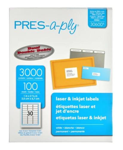 Avery PRES-a-ply Labels, Laser Printers, 1 x 2.63, White, 30/Sheet, 100 Sheets/Box