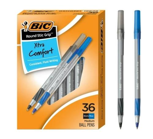 BIC Ultra Round Stic Grip Pen,1.2MM, 36 per box, AST BK & BE, 19649