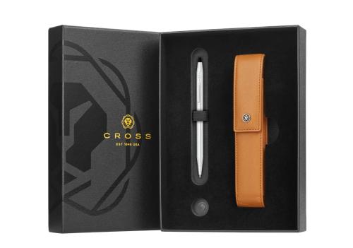 Cross Classic Century Lustrous Chrome Ballpoint Pen with Mocha Magnetic Saffiano Leather Single Pen Case Gift Set Bundle