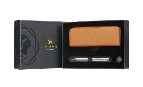 Cross Century II Lustrous Chrome Ballpoint Pen w/Mocha Zippered Saffiano Leather Double Pen Case Gift Set Bundle
