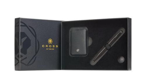 Cross Tech Satin Black Pen w/Classic Black Saffiano Leather Magnetic Card Holder Gift Set Bundle