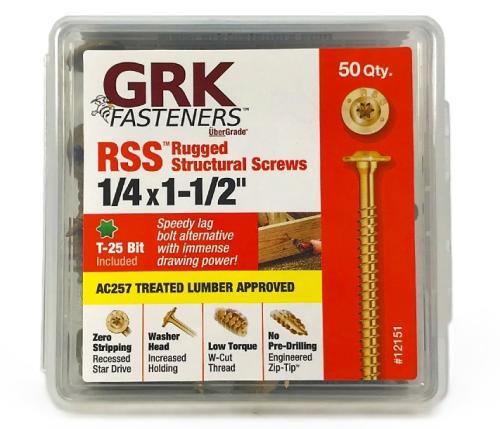 GRK Fasteners RSS 12151 Structural Screw, 1/4 in Thread, 1-1/2 in L, Washer Head, Star Drive, Steel, 50 PK