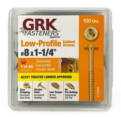 GRK Fasteners 114069 Cabinet Screw, #8 Thread, 1-1/4 in L, W-Cut Thread, Low-Profile, Washer Head, Star Drive, Steel