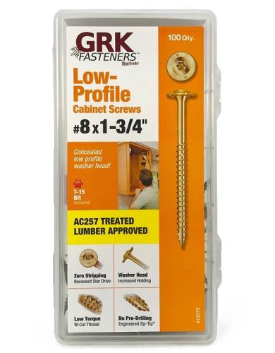 GRK Fasteners 12075 Cabinet Screw, #8 Thread, 1-3/4 in L, Coarse Thread, Low-Profile, Washer Head, Star Drive, Steel