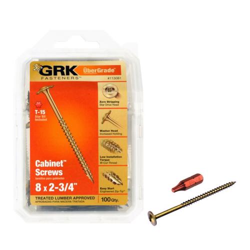 GRK Fasteners 12081 Cabinet Screw, #8 Thread, 2-3/4 in L, Coarse Thread, Washer Head, Star Drive, Steel, Yellow Zinc