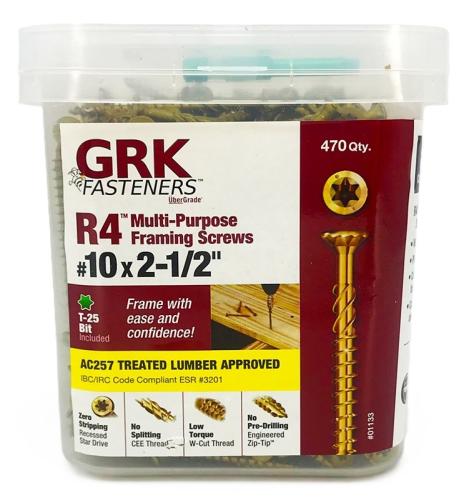 GRK Fasteners R4 01133 Framing and Decking Screw, #10 Thread, 2-1/2 in L, Star Drive, Steel, 470 PAIL