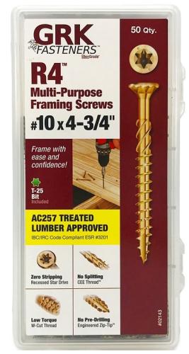 GRK Fasteners R4 02143 Framing and Decking Screw, #10 Thread, 4-3/4 in L, Star Drive, Steel, 50 PK