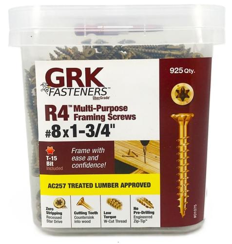 GRK Fasteners R4 01075 Framing and Decking Screw, #8 Thread, 1-3/4 in L, Star Drive, Steel, 925 PAIL