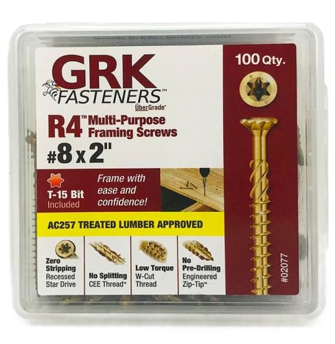 GRK Fasteners R4 02077 Framing and Decking Screw, #8 Thread, 2 in L, Star Drive, Steel, 100 PK