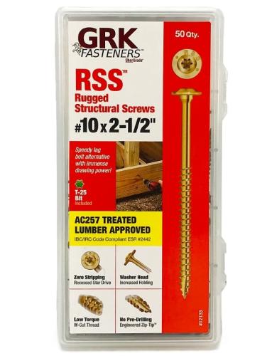GRK Fasteners RSS 12133 Structural Screw, #10 Thread, 2-1/2 in L, Washer Head, Star Drive, Steel, 50 PK