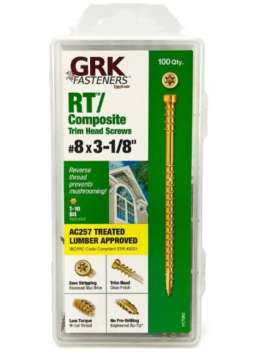 GRK Fasteners RT Series 17083 Screw, #8 Thread, 3-1/8 in L, Reverse Thread, Trim Head, Star Drive, Steel, 100/PK