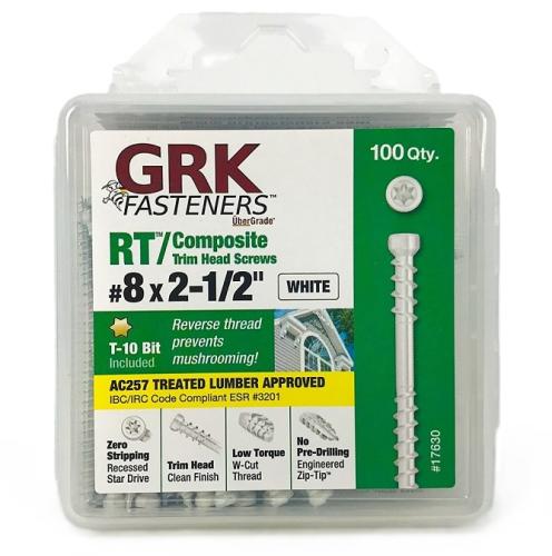 GRK Fasteners RT Series 96075 Screw, #8 Thread, 2-1/2 in L, Trim Head, Star Drive, Zip-Tip Point, Steel, White, 100/PK