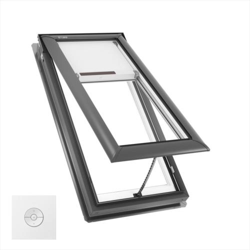 VELUX VS M08 R.O.30 1/16X54 7/16 DECK MOUNT MANUAL VENTING WHITE INTERIOR, PRE-INSTALLED WHITE ROOM DARKENING SOLAR POWERED SHADE W/REMOTE, LAMINATED SAFETY GLASS, INSECT SCREEN