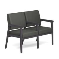 Seating - Guest - Wood: Aiden Collection 2-Seater w/ Center Arm, Smoke PU Leather Seat & Back, Coastal Gray Wood Frame