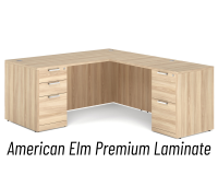 Desk - Double Pedestal - L-Shape: 66" Wide x 77" Deep, American Elm Premium Grade Laminate, Non-Handed (Can Be Assembled on Left or Right Hand Side)