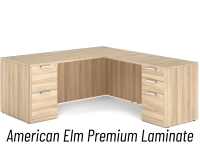 Desk - Double Pedestal - L-Shape: 72" W x 77" D, American Elm Premium Grade Laminate, Non-Handed (Can Be Assembled on Left or Right Hand Side)
