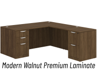 Desk - Double Pedestal - L-Shape: 72" W x 77" D, Modern Walnut Premium Grade Laminate, Non-Handed (Can Be Assembled on Left or Right Hand Side)