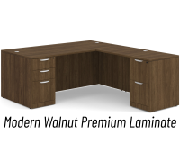 Desk - Double Pedestal - L-Shape: 72" W x 83" D, Modern Walnut Premium Grade Laminate, Non-Handed (Can Be Assembled on Left or Right Hand Side)