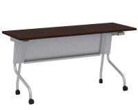 Tables - Training: 72"w x 24"d, Locking Casters, Flip-Top, Nesting, Modern Walnut Premium Laminate with Silver Metal Base and Modesty Panel