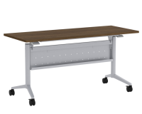 Tables - Training: 60"w x 24"d, Locking Casters, Flip-Top, Nesting, Modern Walnut Premium Laminate with Silver Metal Base and Modesty Panel
